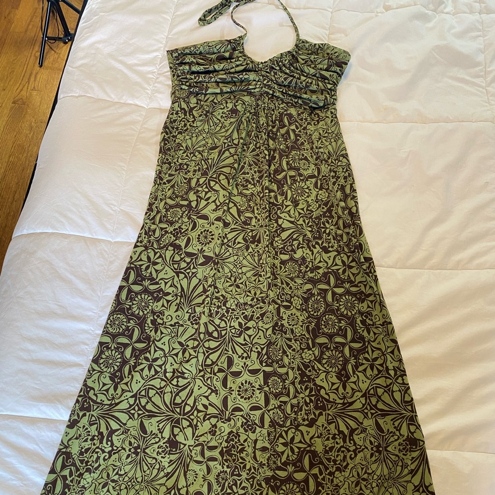 Intrigue Green and Brown Floral Halter Dress Beachy Maxi Y2K